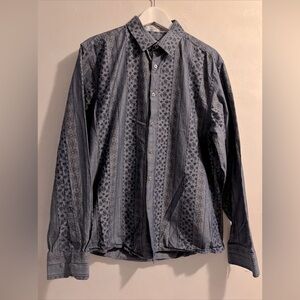 John Lennon Long Sleeve Blue Floral Button Up Dress Shirt XL Peace Boho EUC